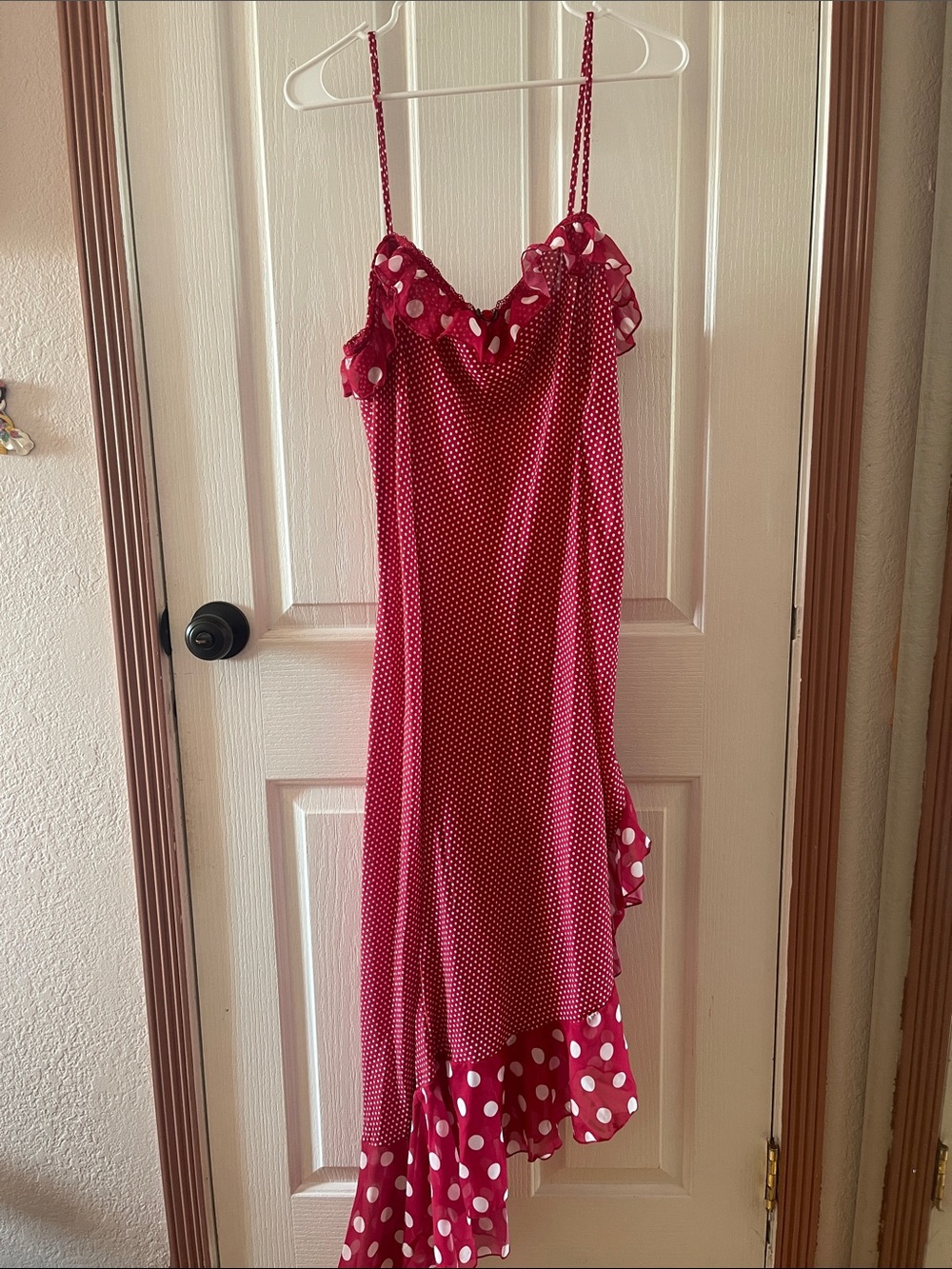 Dolls Kill Red & White Polka Dot Asymmetrical Slip Dress